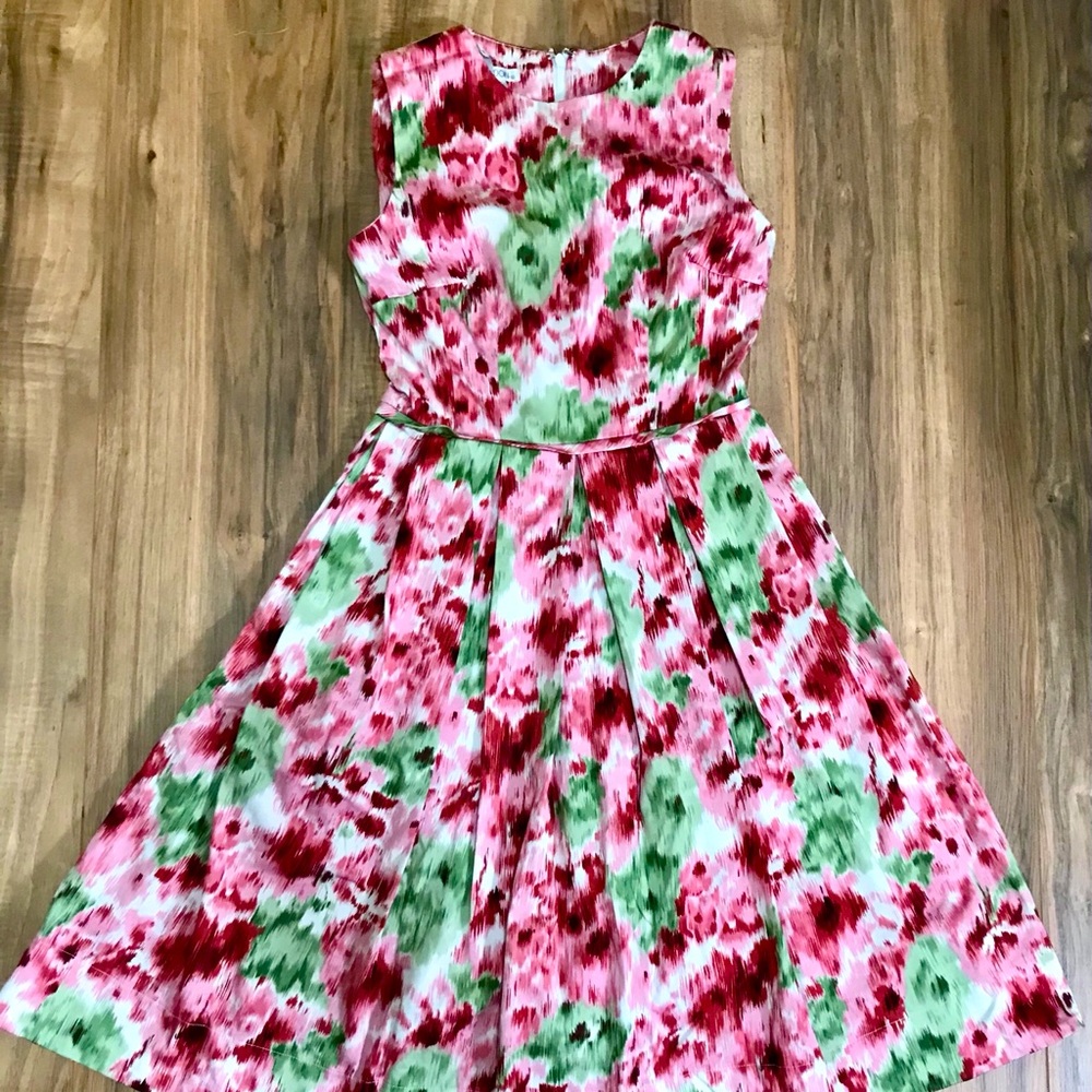 Maggie London abstract pink green fit flare cotton